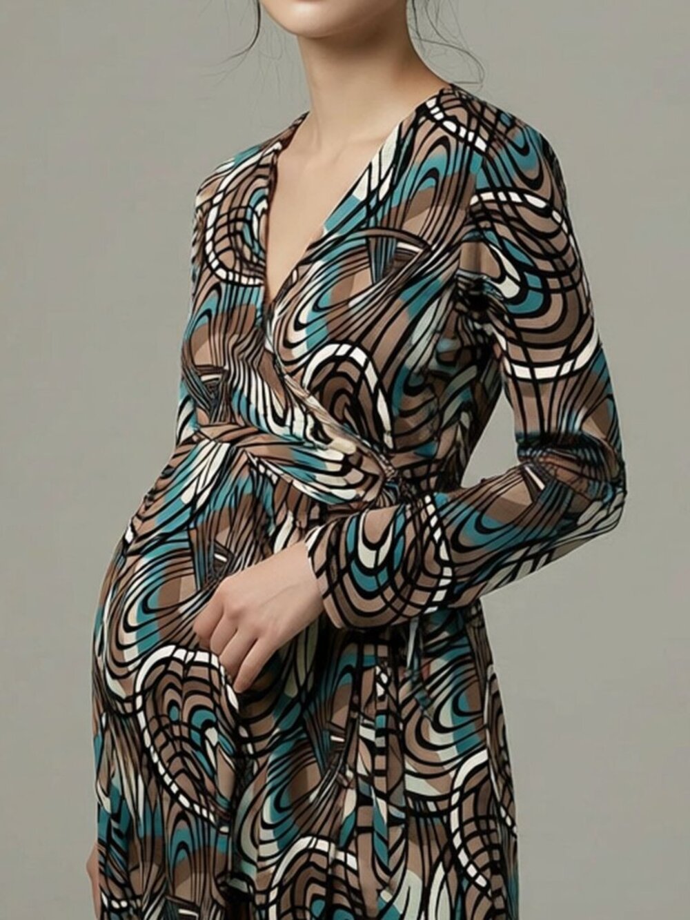 Liz Lange Maternity Long Sleeve V-Neck Midi Knee Length Stretch Tie Belt Dress M